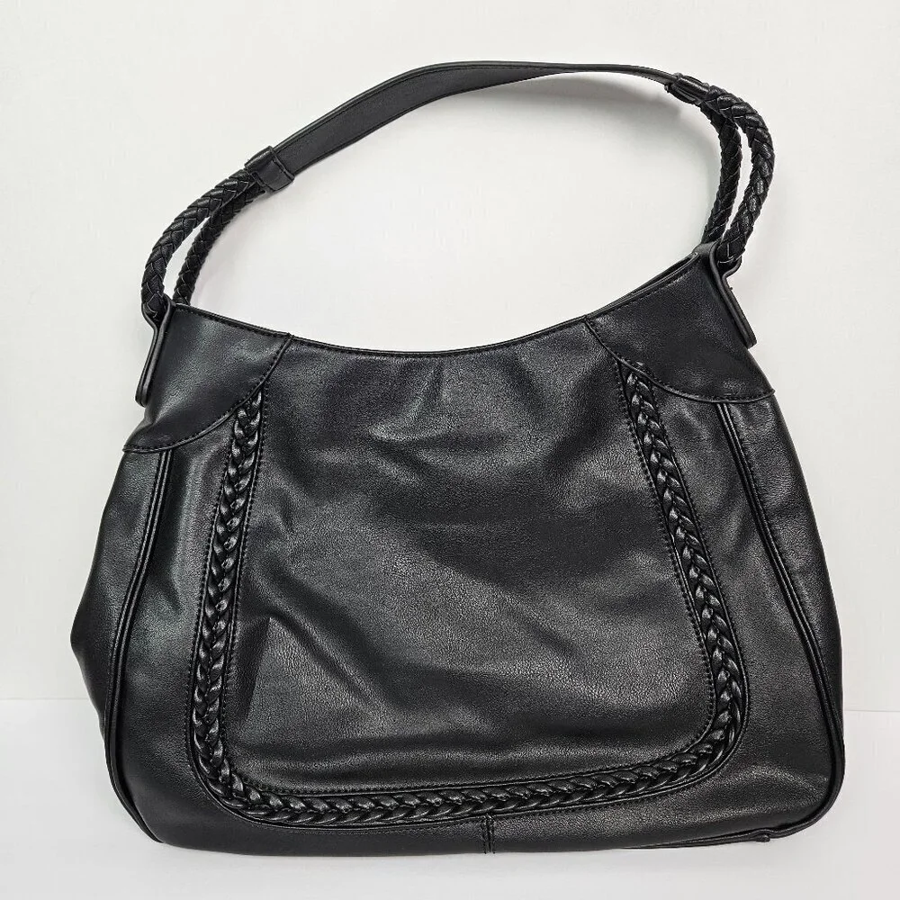 Sole/Society Large Black Faux Leather Braided Detail Hobo Shoulder Bag